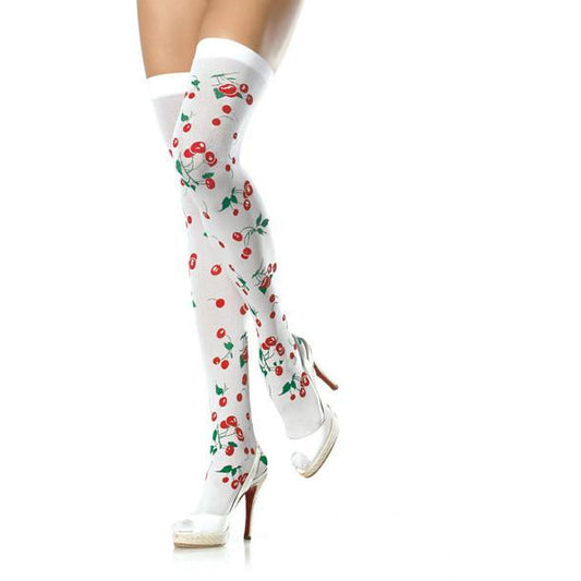 Opaque Cherry Print Thigh Highs