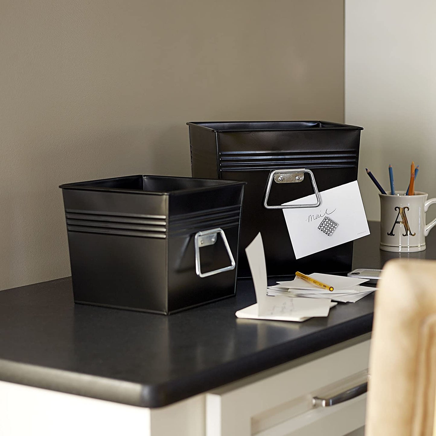Decorative Metal Bin 2 Piece Set  Black