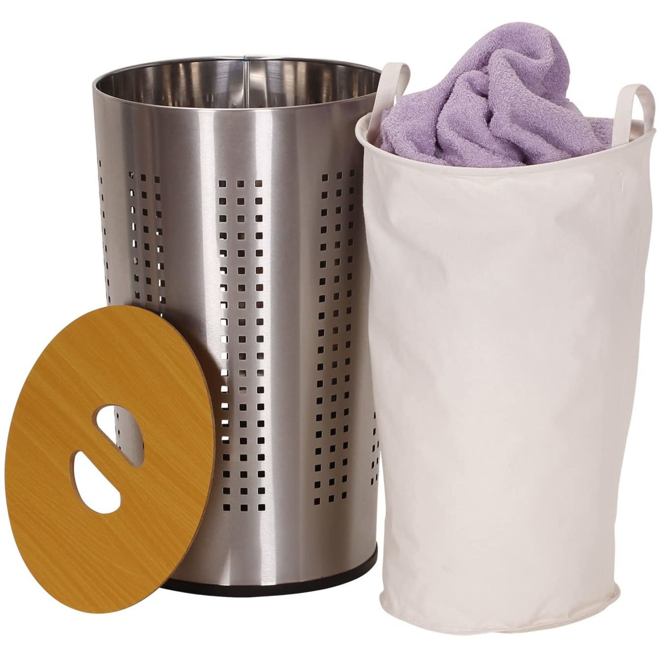Round Metal Laundry Hamper Removable Liner Bag and Wood Lid Stainless Steel