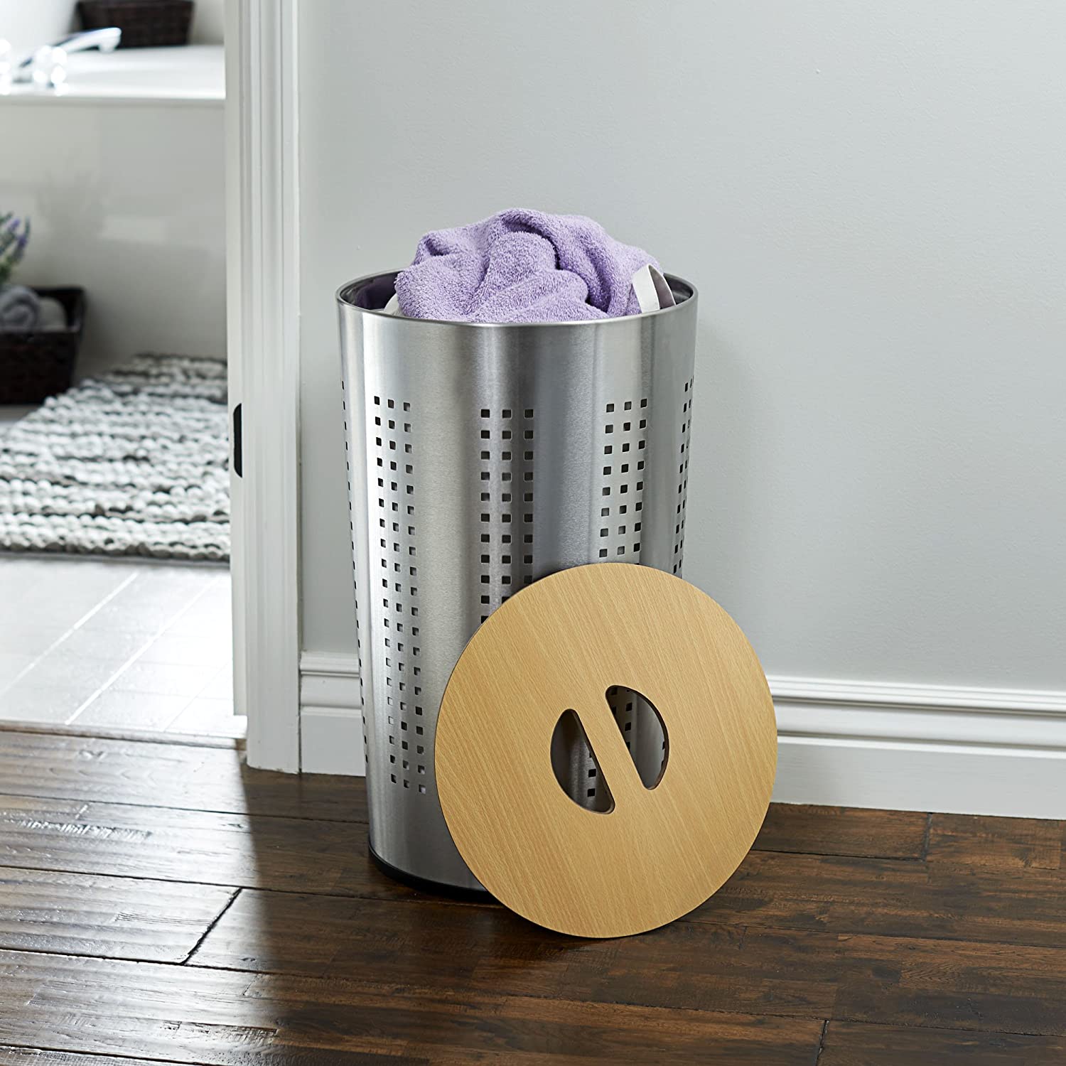 Round Metal Laundry Hamper Removable Liner Bag and Wood Lid Stainless Steel