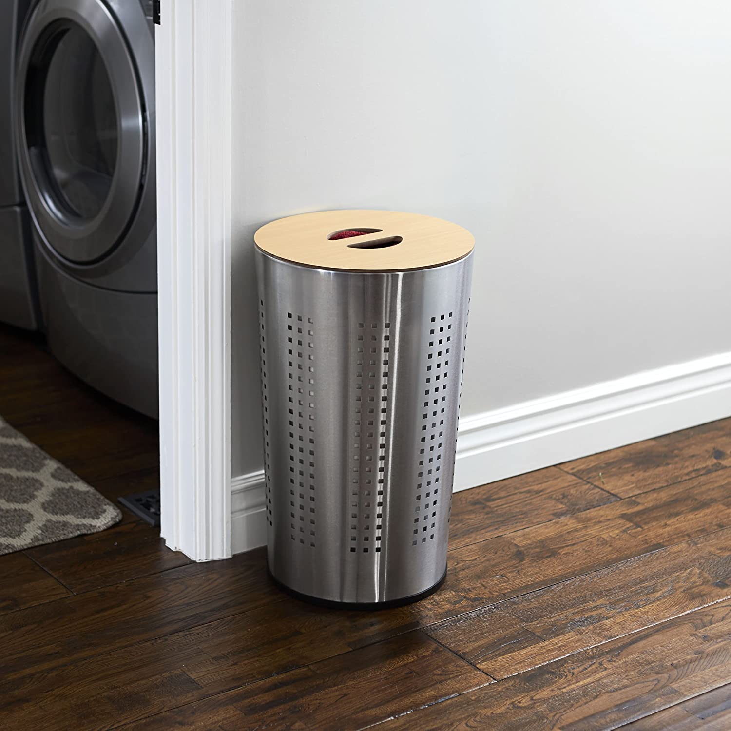 Round Metal Laundry Hamper Removable Liner Bag and Wood Lid Stainless Steel
