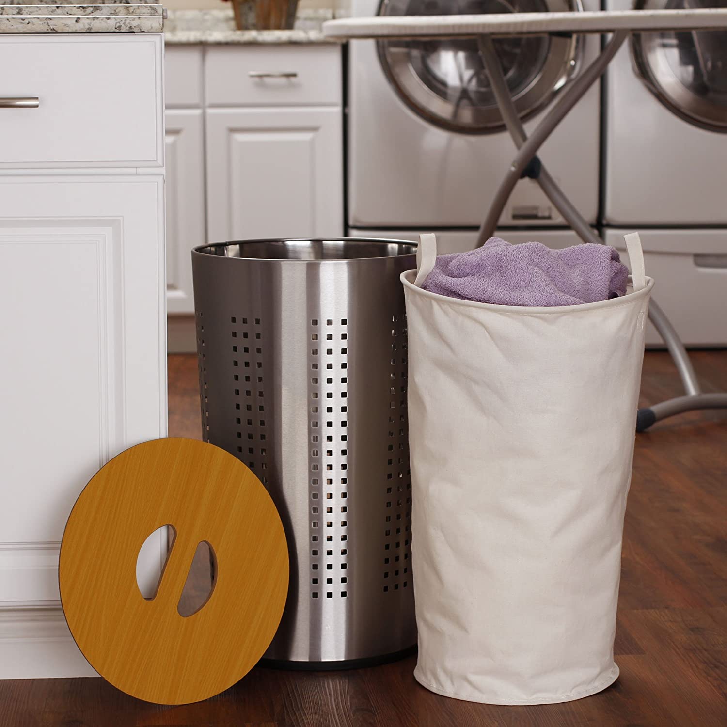 Round Metal Laundry Hamper Removable Liner Bag and Wood Lid Stainless Steel