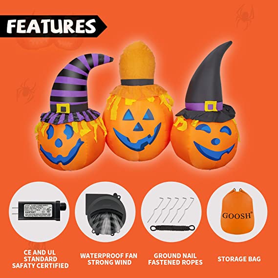 6ft Halloween Inflatables Outdoor Pumpkin Combo with Wizard hat