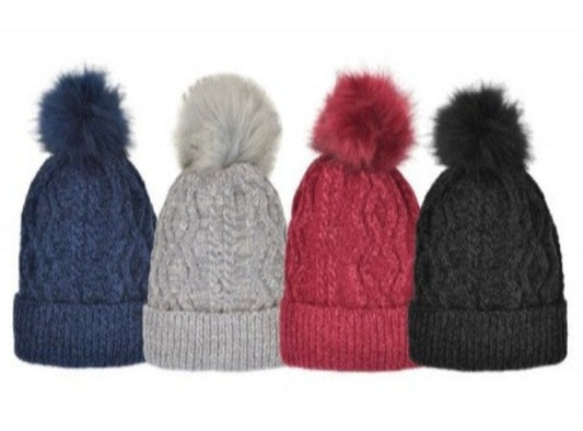 Satin Chenille Hat with Faux Fur Pom in 4 colors