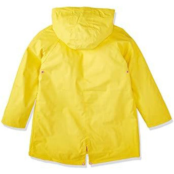 Chaqueta de lluvia amarilla con botones rosa