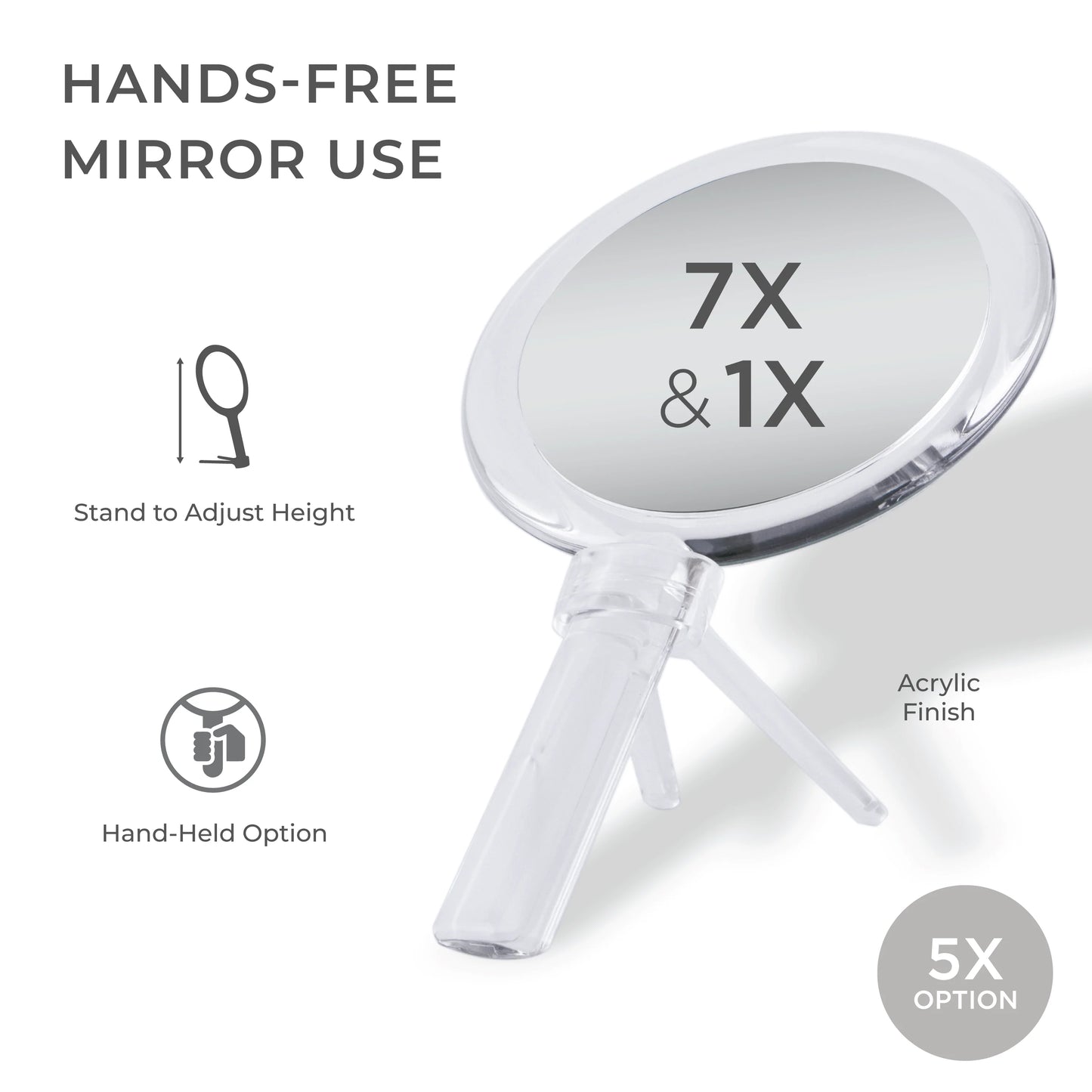 DUAL SIDED 1X/7X HAND MIRROR W/STAND IN ACRYLIC