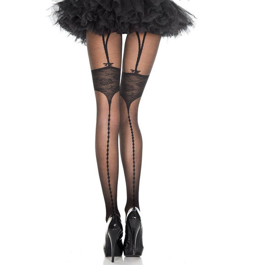 Faux thigh hi lace top with garter spandex pantyhose