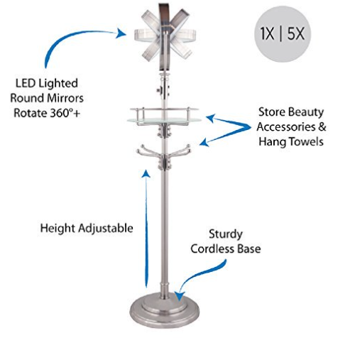 Cordless LED Lighted Adjustable Height Floor Stand Mirror