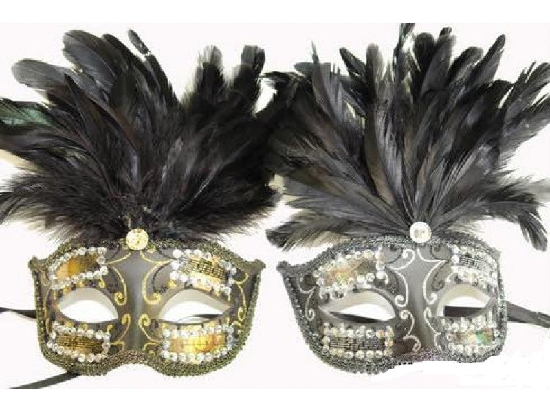 Venetian mask w short feathers and rhinestones