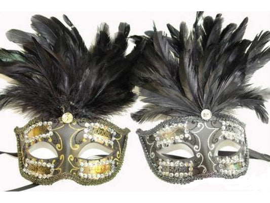 Venetian mask w short feathers and rhinestones