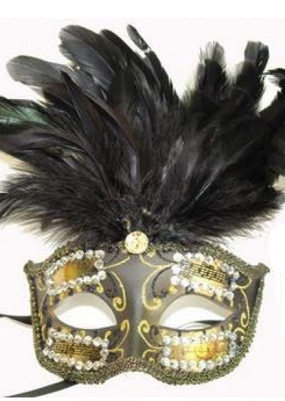Venetian mask w short feathers and rhinestones