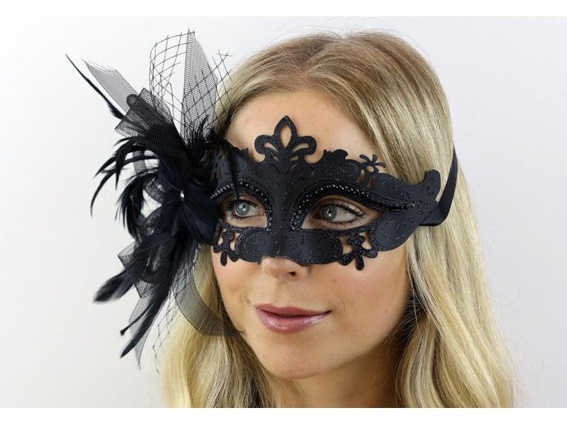 Venetian black mask with feather