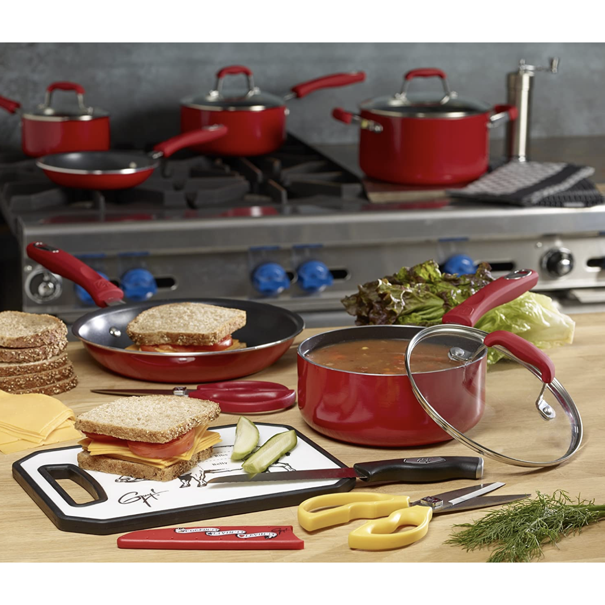 Guy Fieri 10 Piece Nonstick Aluminum Cookware Set, Large, Red
