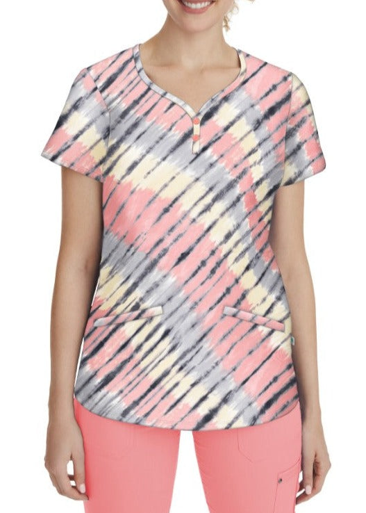 Two-Button Jewel Neck Top Tiedye Wave