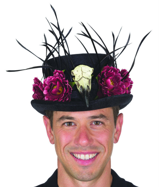 Black Velvet Top Hat W/ Raven Skull, Roses and Feathers