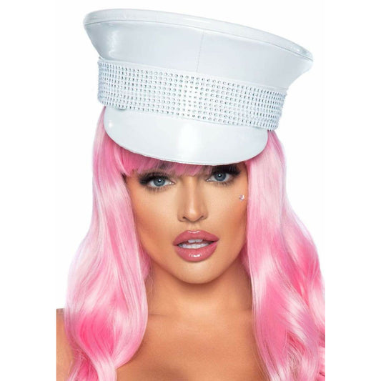 RHINESTONE TRIMMED MILITARY HA WHITE
