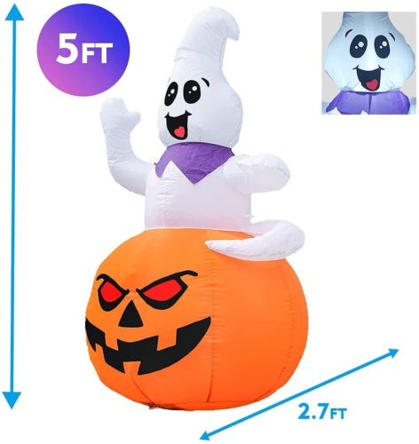 5 FT Inflatable Ghost Sitting on The Pumpkin