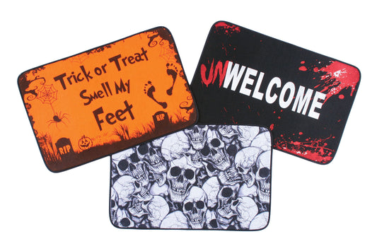 Unwelcome, Trick or Treat or Skulls Door Mat  15" x 23"