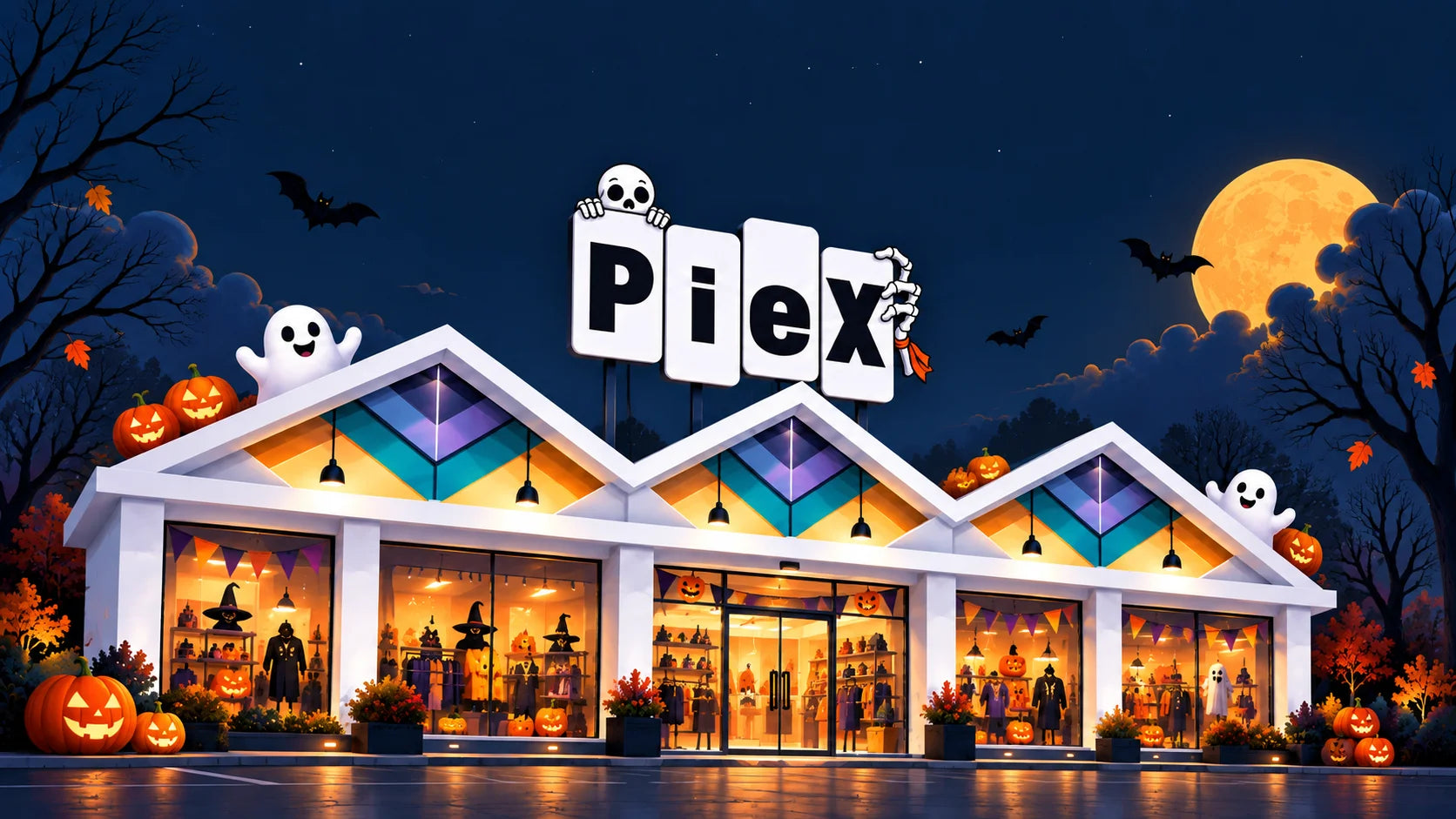Fachada de Piex decorada para Halloween, con calabazas, fantasmas y el logo de calavera