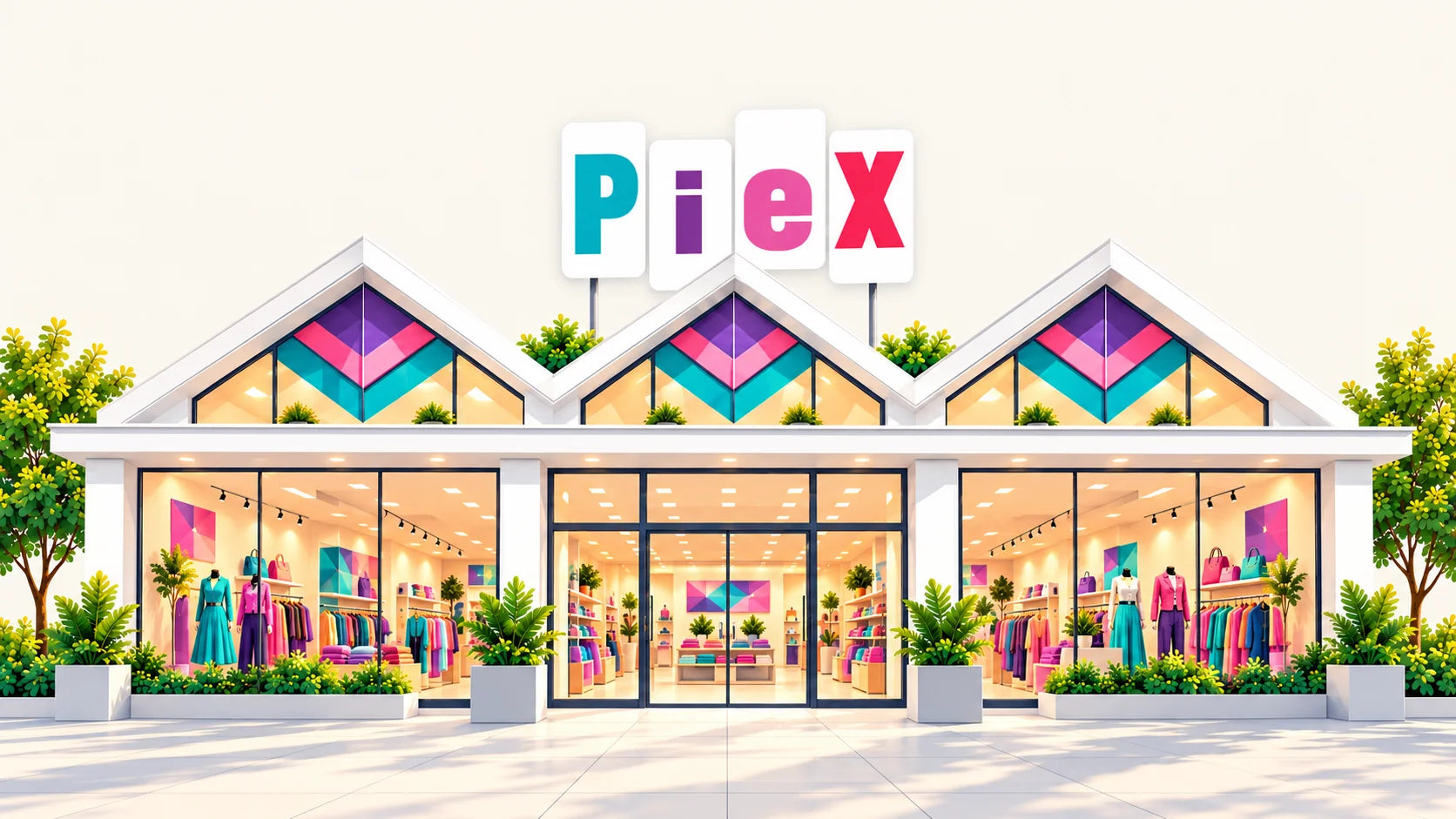 Fachada de Piex de día, con su logotipo de colores y tres tejados blancos